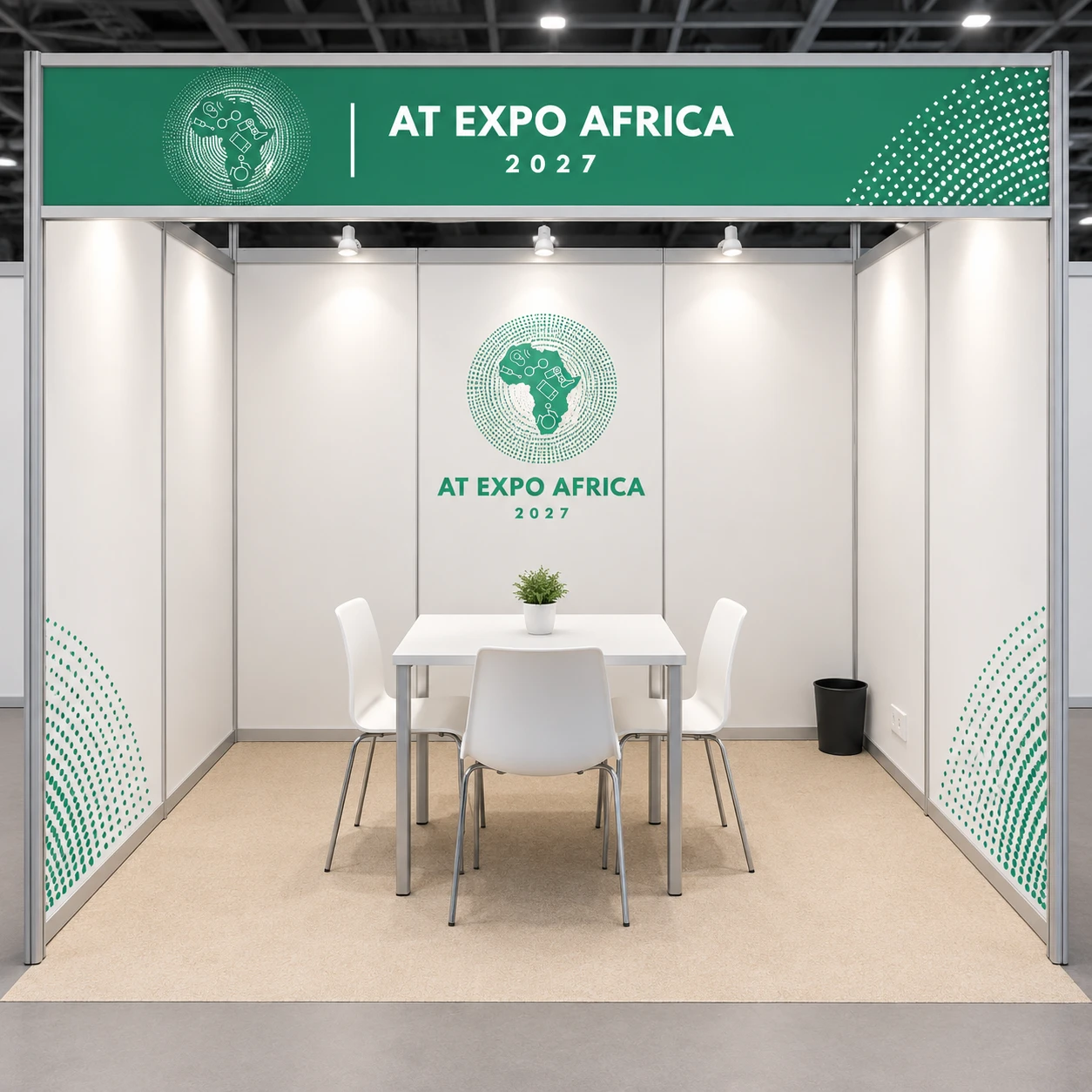 Forfait de stand standard avec cloisons, table, chaises et spots lumineux