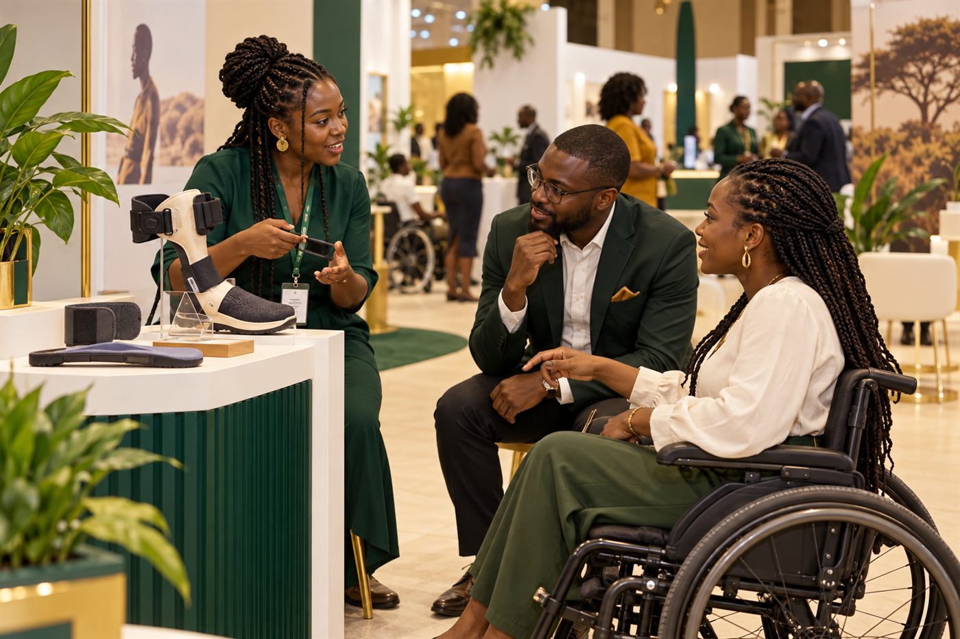 Des exposants présentent une orthèse à des visiteurs sur un stand