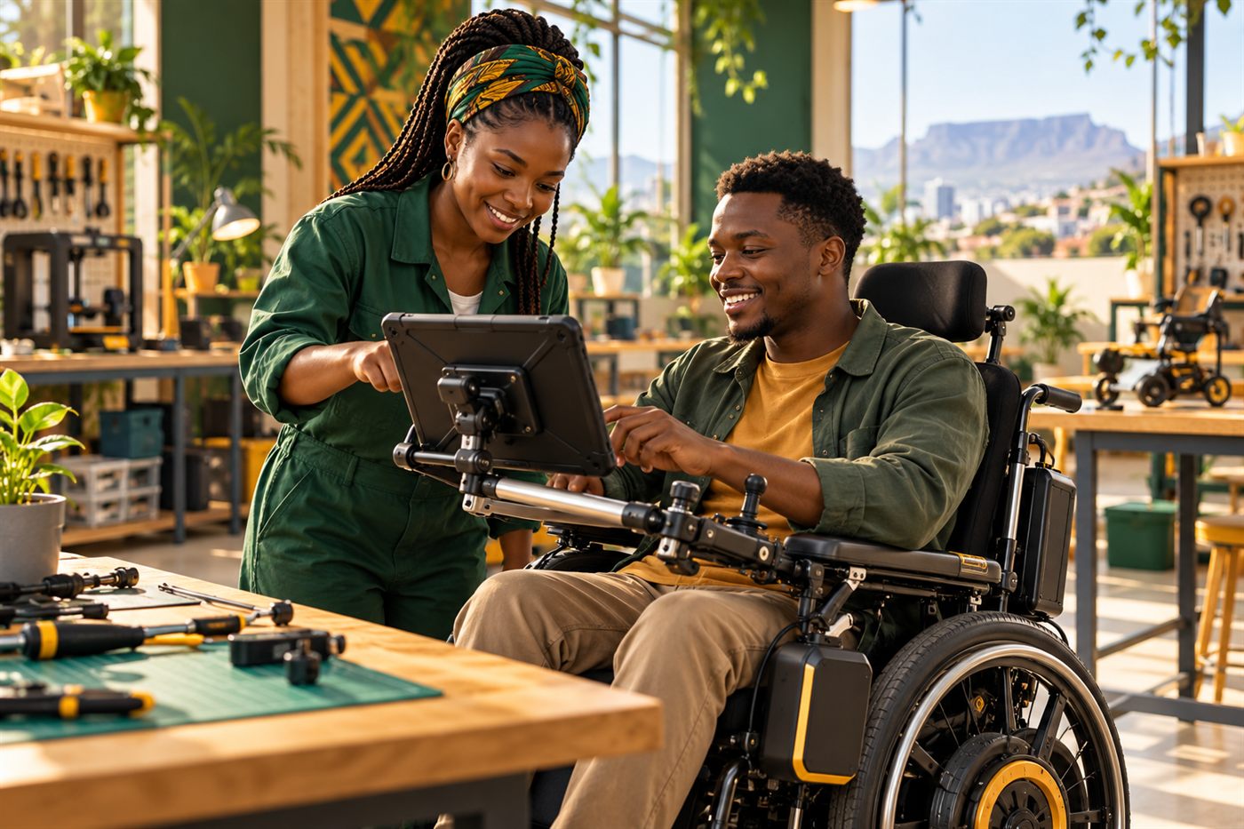 Une femme et un homme en fauteuil roulant utilisent ensemble une tablette fixée au fauteuil, dans un atelier lumineux